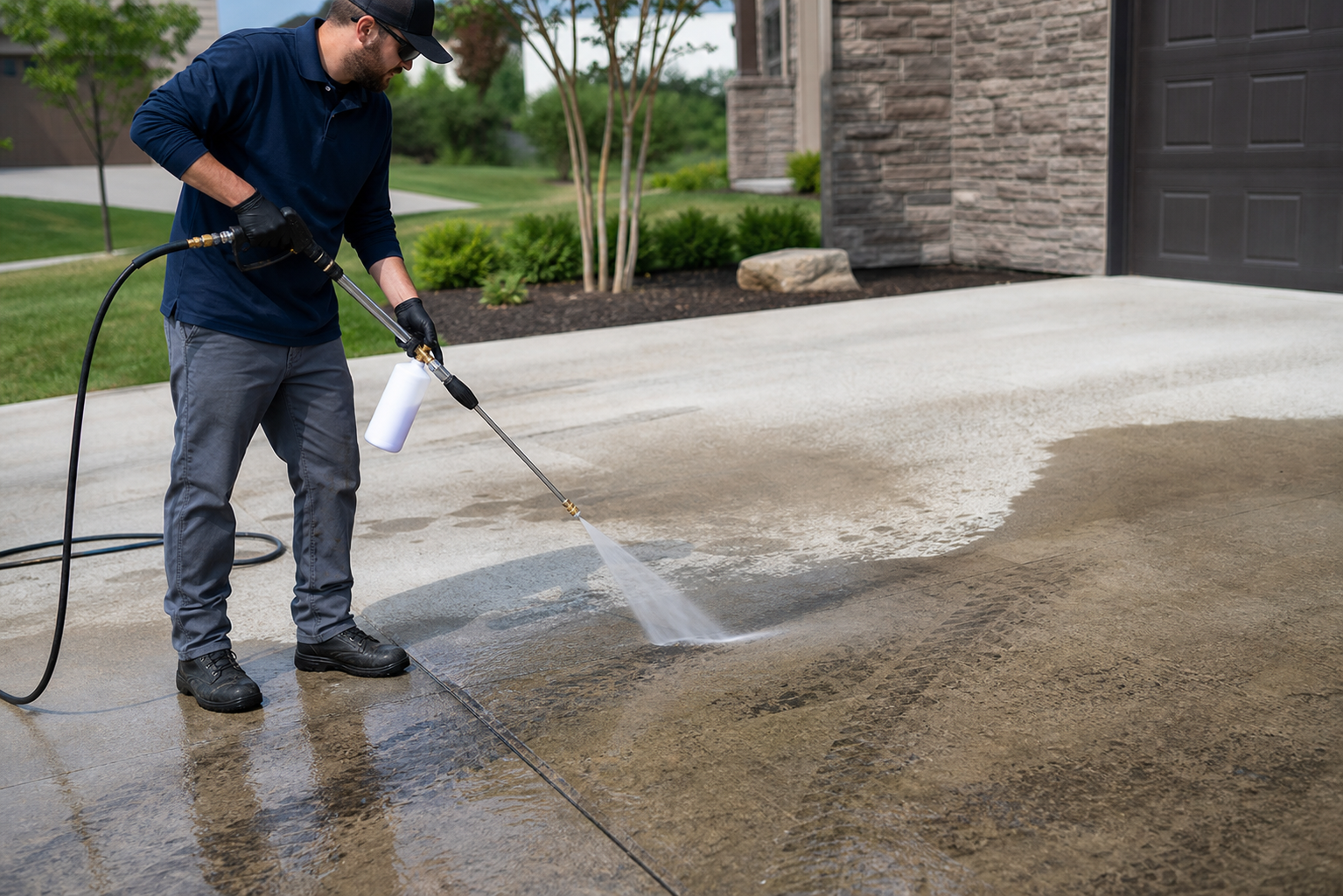 Specialty Detergents Cleaning Driveways with Oil Stains and Tire Marks