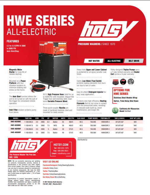 Hotsy HWE Series Product Sheet